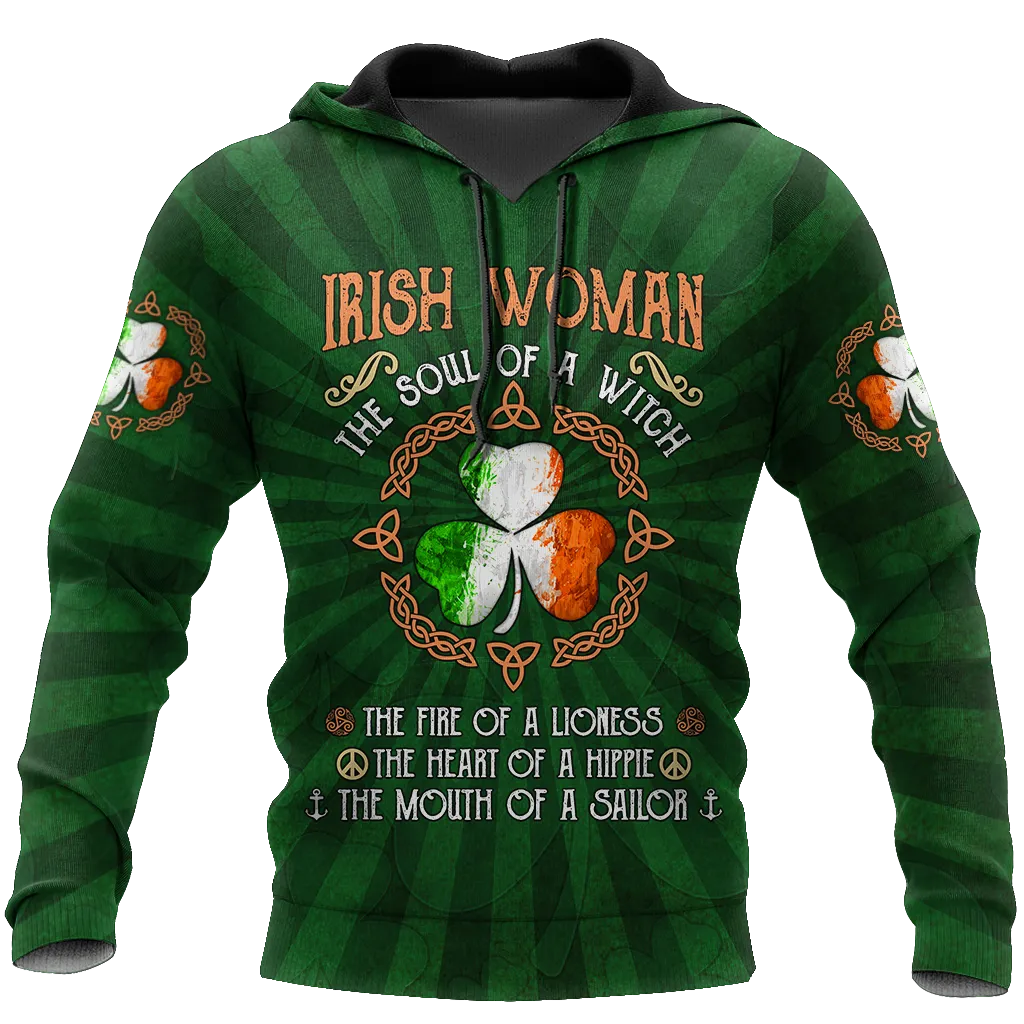 Irish Woman The Soul Of a Witch 3D Shirt, Shamrock Ireland Flag Shirt, Gif for Patrick's Day