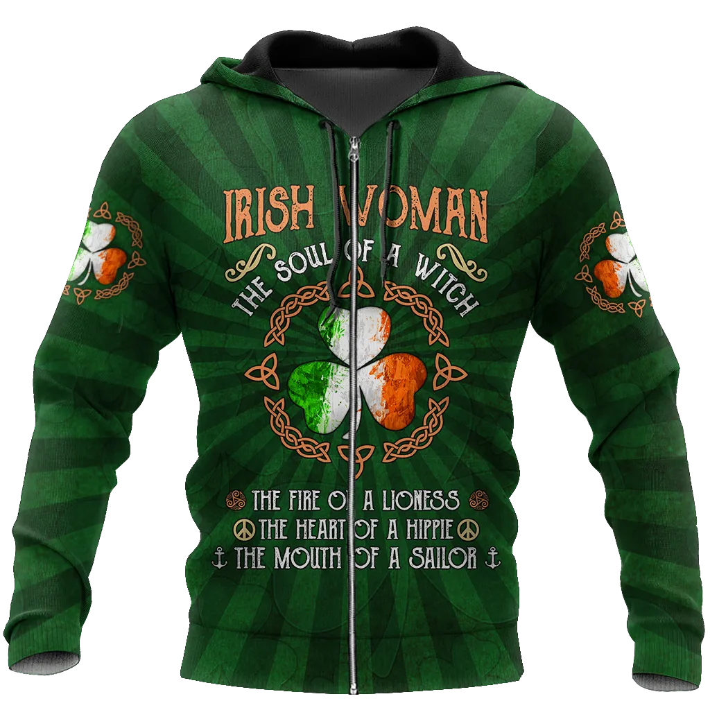Irish Woman The Soul Of a Witch 3D Shirt, Shamrock Ireland Flag Shirt, Gif for Patrick's Day