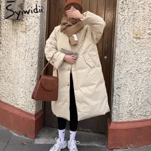 Joskaa Fashion Winter Jacket Women Elegant Coat Turn Down Collar 2024 New Oversized Loose Khaki Black Outerwear Casual Parkas