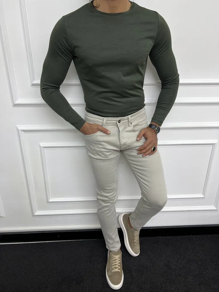 Khaki Slim Fit Round neck Sweater for Men | GentWith.com