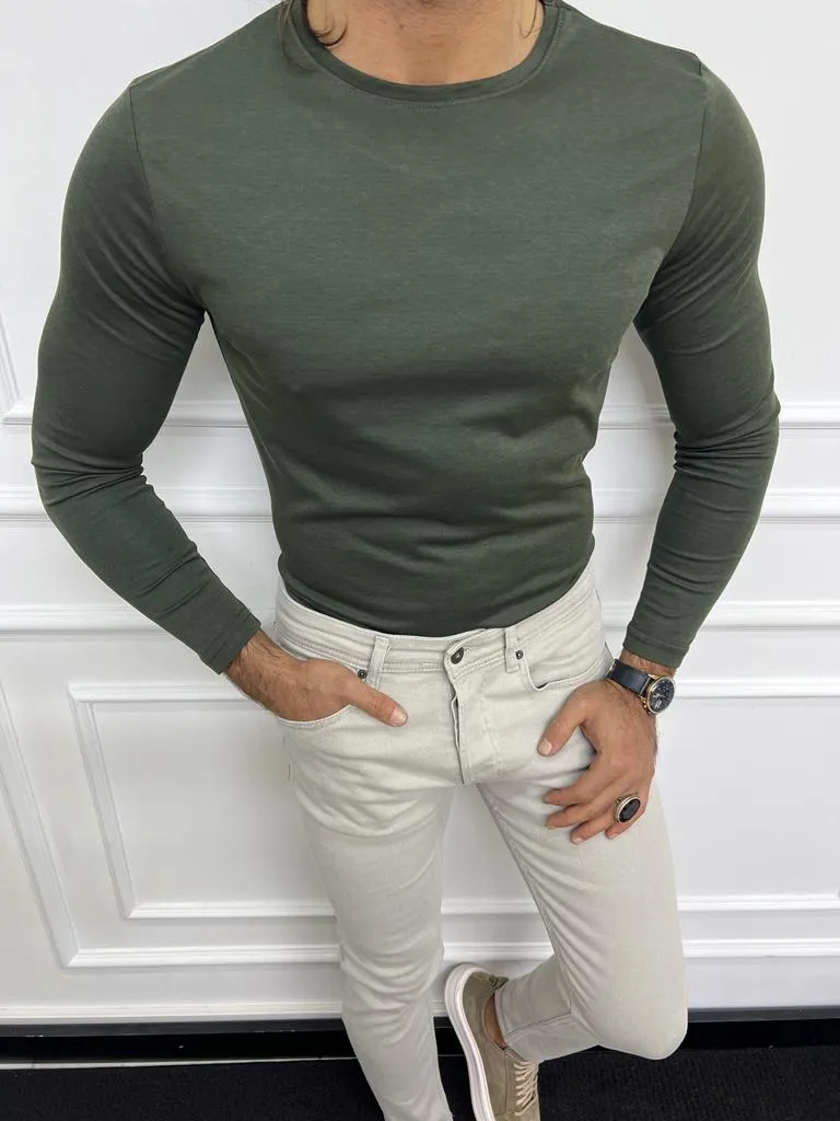 Khaki Slim Fit Round neck Sweater for Men | GentWith.com