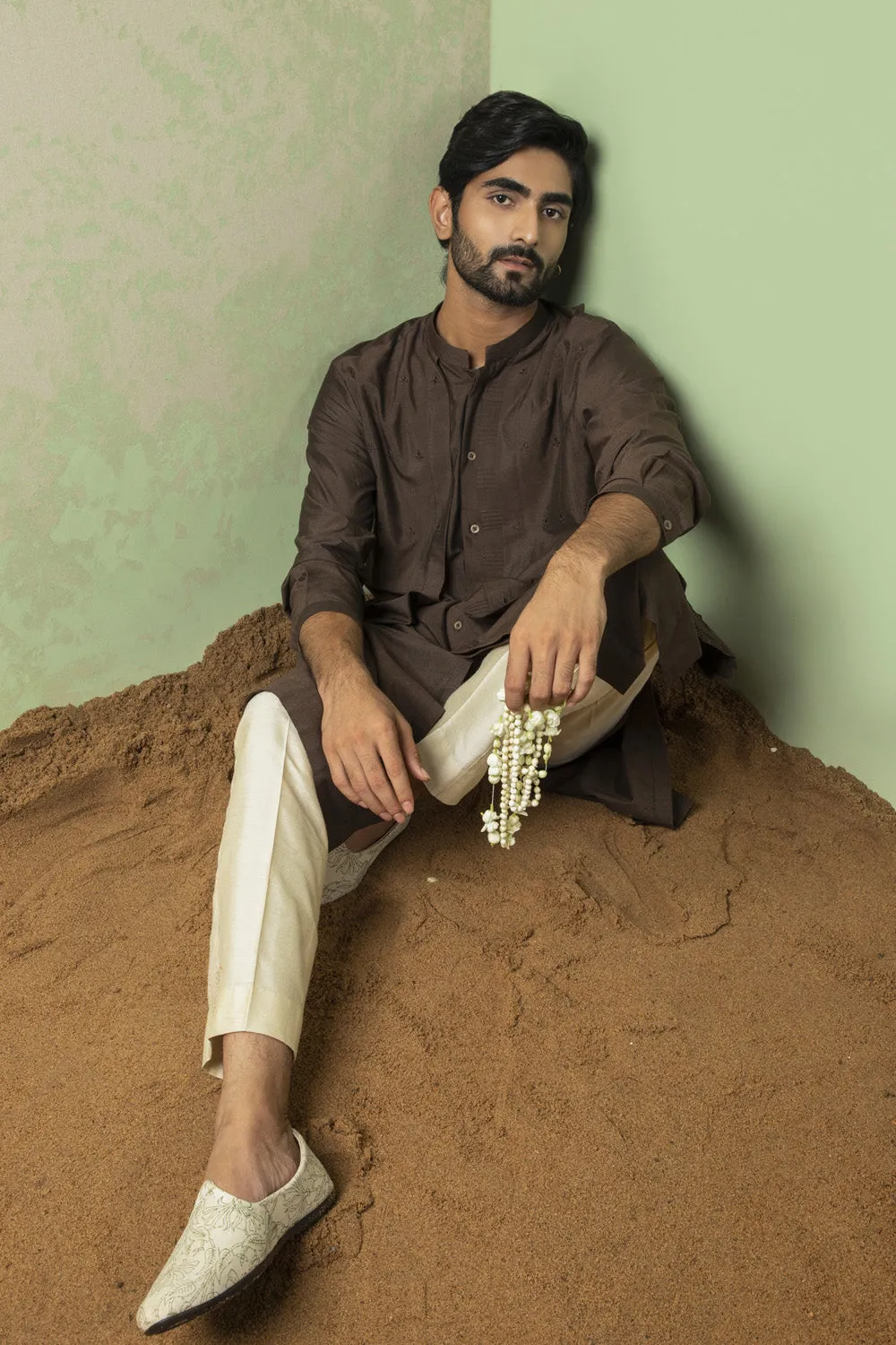 Layer On Layer Brown Kurta Set With Emb