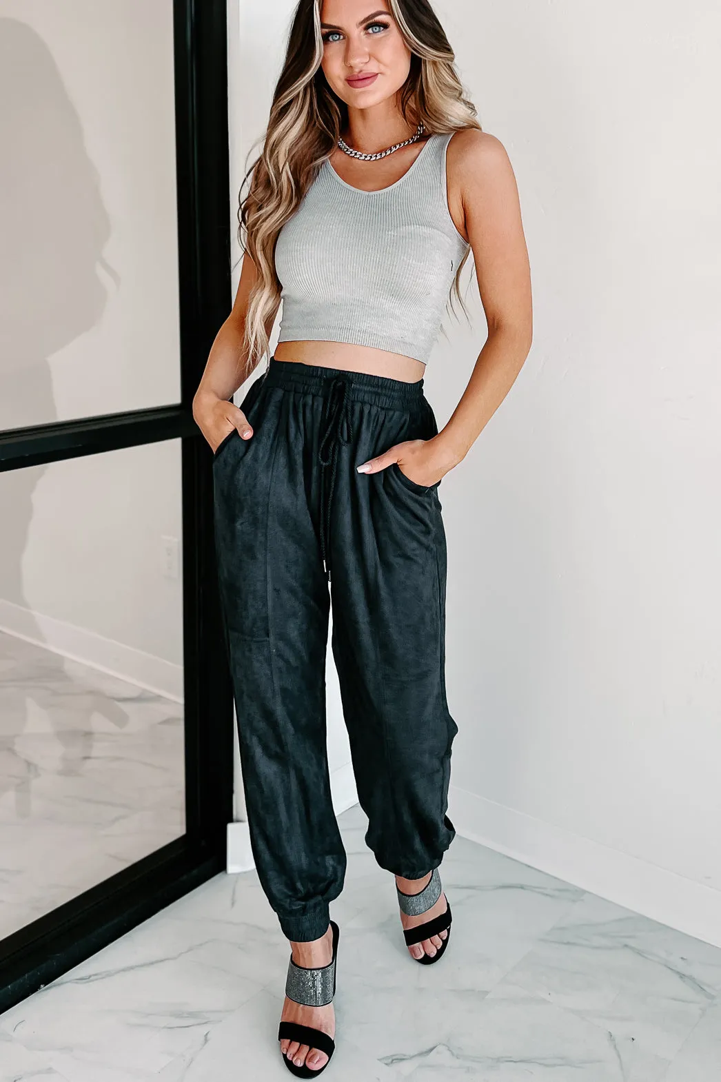 Leave You Lounging Faux Suede Joggers (Black)
