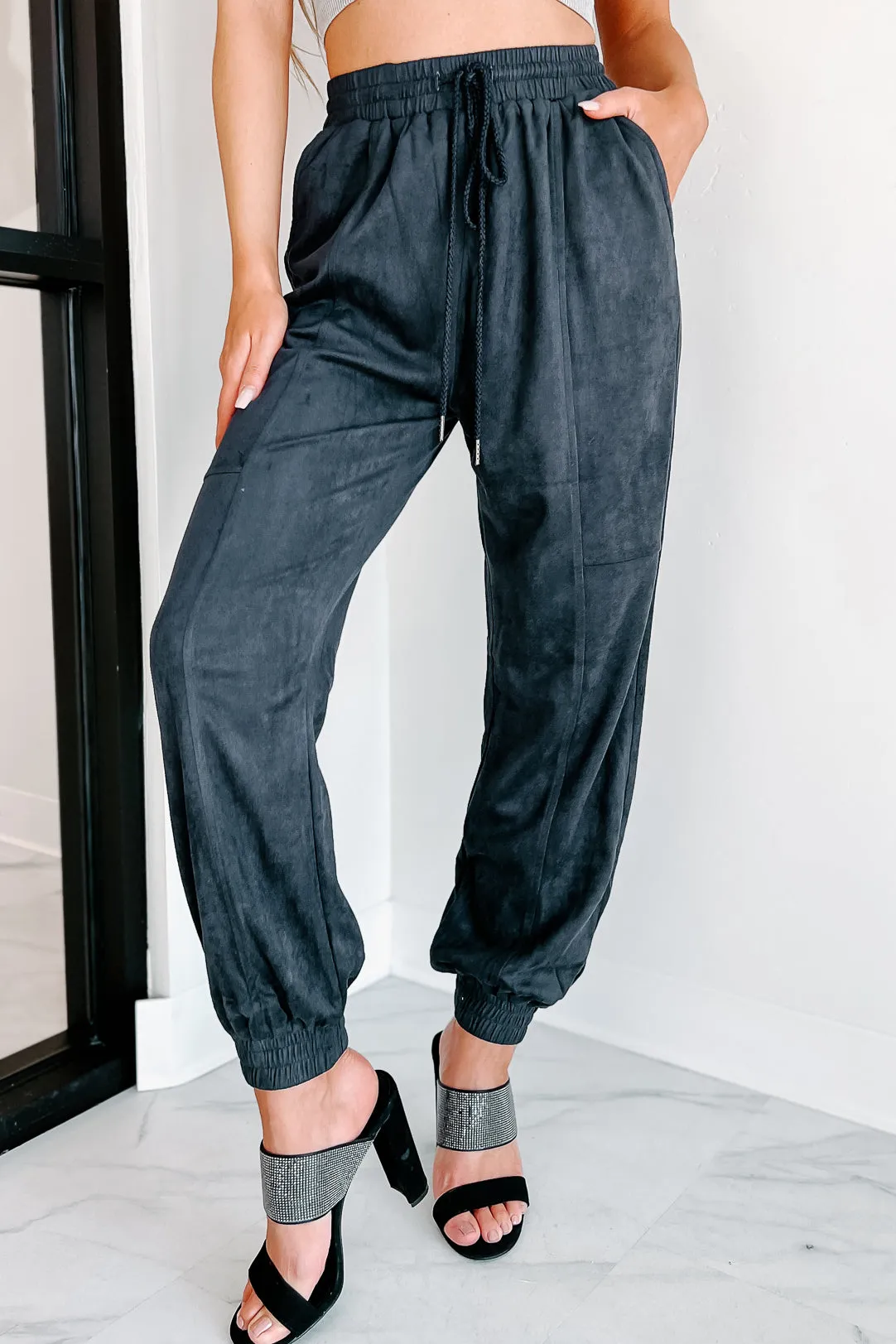 Leave You Lounging Faux Suede Joggers (Black)