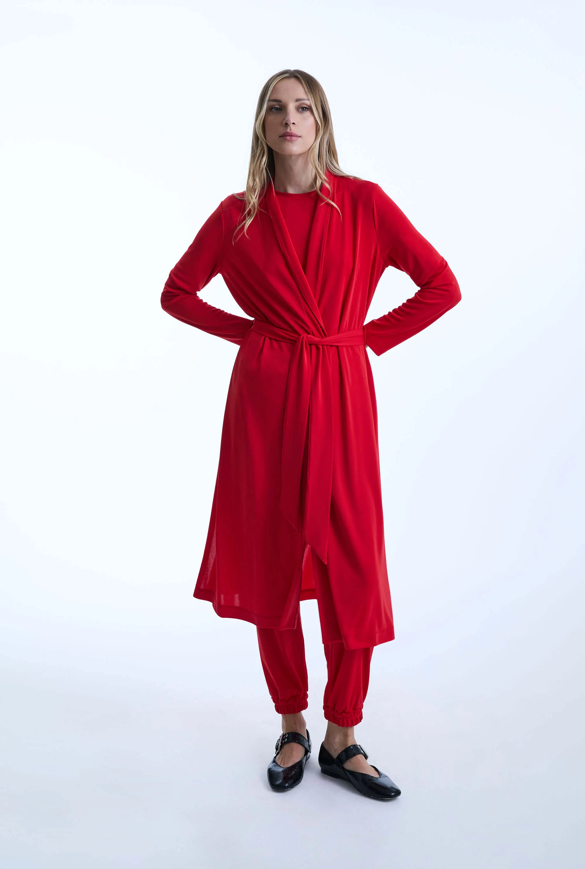 Long Red Jersey Cardigan