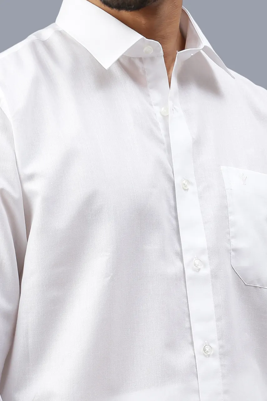 Men Wrinkle Free White Full Sleeves Shirt with 1'' inch Gold Jari Double Dhoti Combo