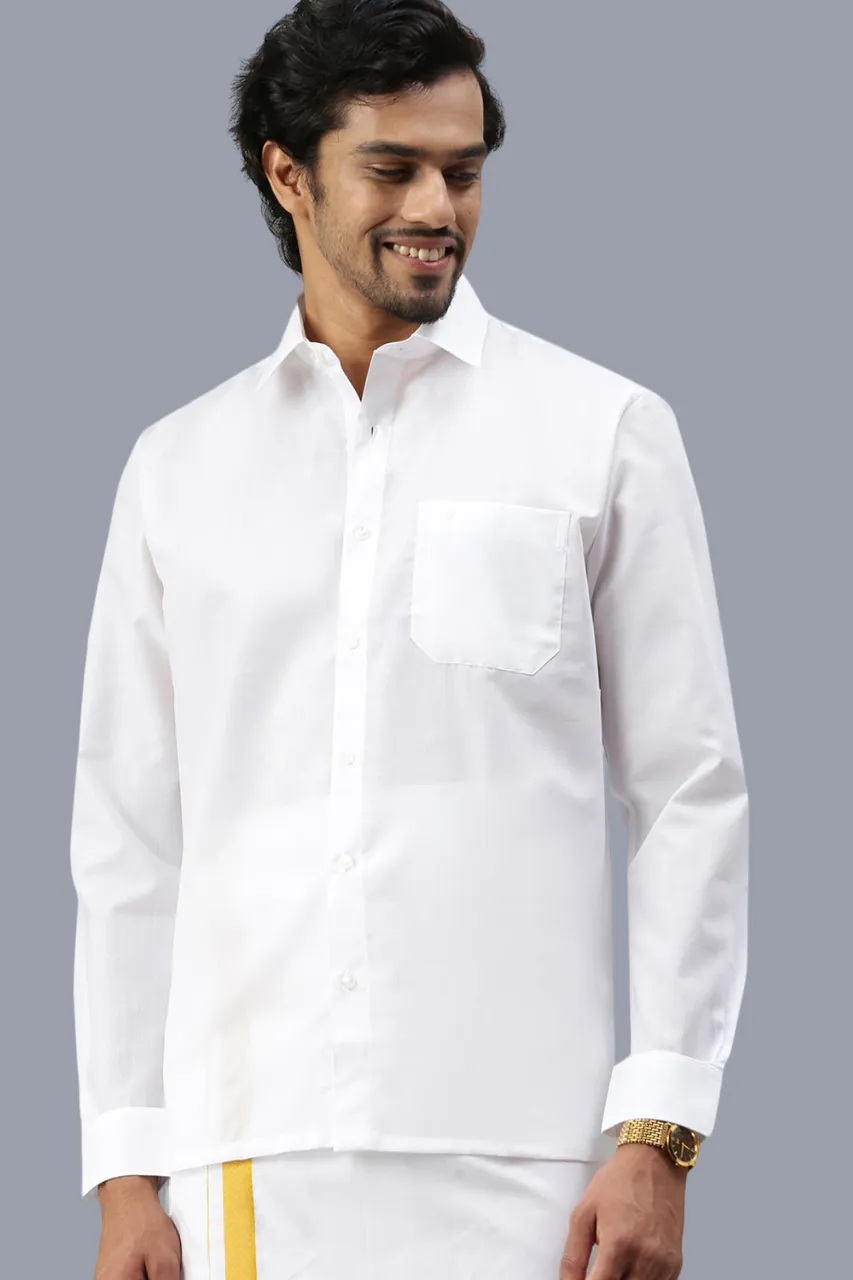 Men Wrinkle Free White Full Sleeves Shirt with 1'' inch Gold Jari Double Dhoti Combo