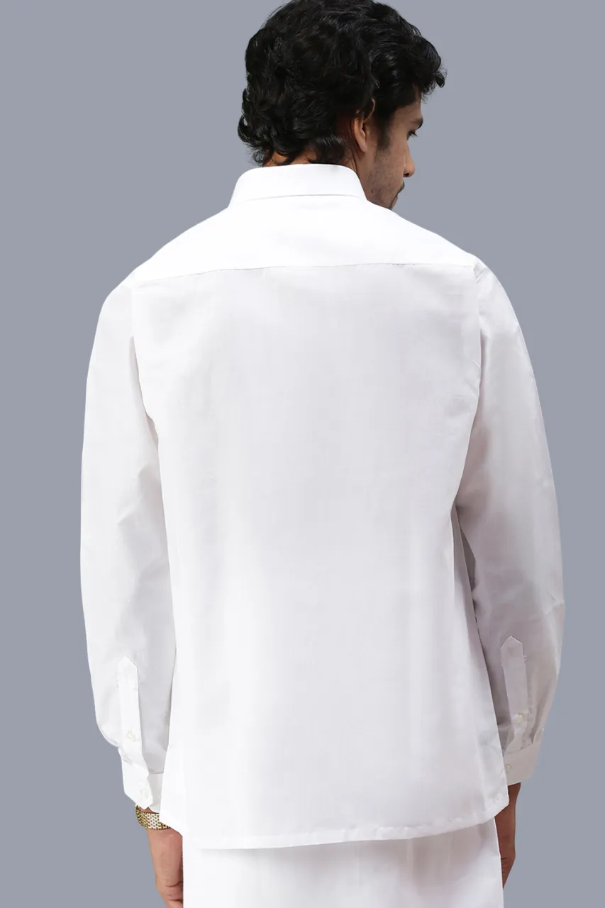 Men Wrinkle Free White Full Sleeves Shirt with 1'' inch Gold Jari Double Dhoti Combo