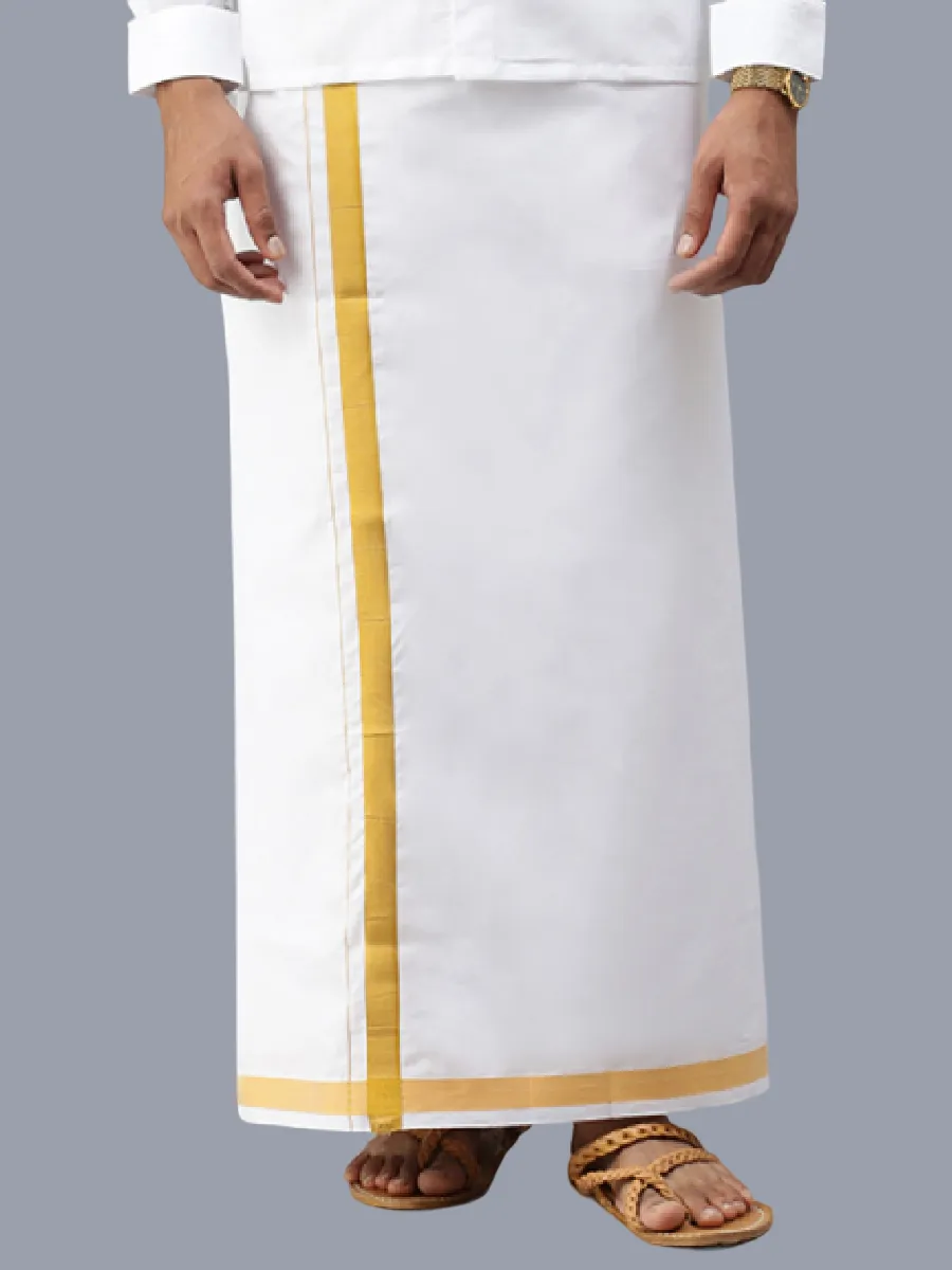 Men Wrinkle Free White Full Sleeves Shirt with 1'' inch Gold Jari Double Dhoti Combo