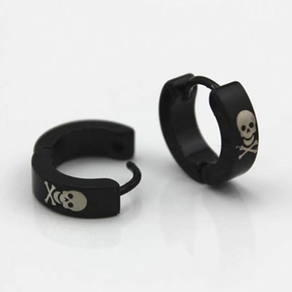 Metal Hoop Earrings w/Skulls & Crossbones, 1.9 x 0.6 in, Black/White