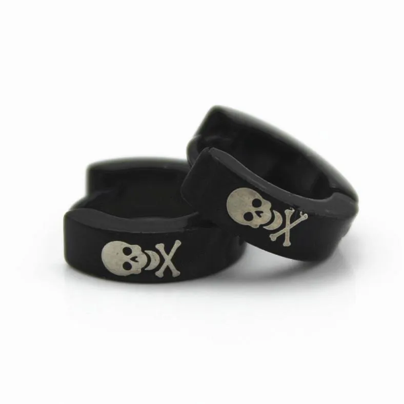 Metal Hoop Earrings w/Skulls & Crossbones, 1.9 x 0.6 in, Black/White