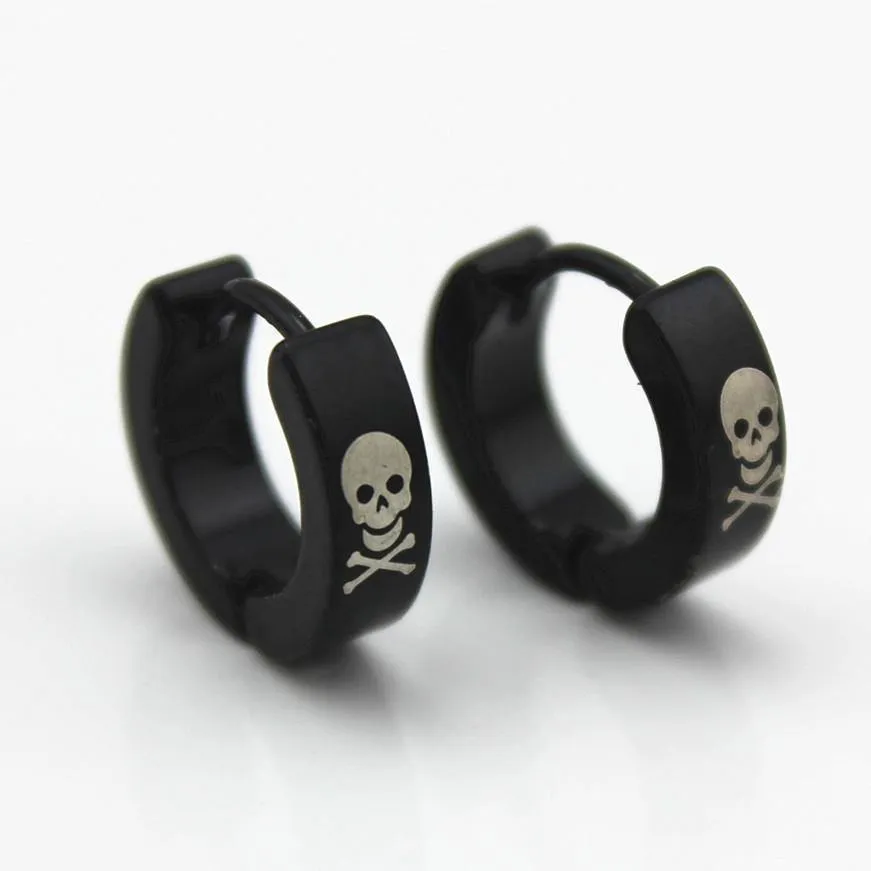 Metal Hoop Earrings w/Skulls & Crossbones, 1.9 x 0.6 in, Black/White