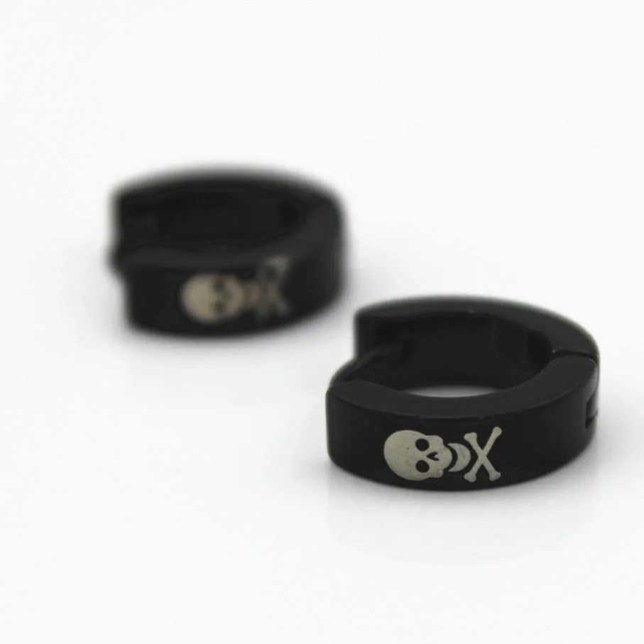 Metal Hoop Earrings w/Skulls & Crossbones, 1.9 x 0.6 in, Black/White