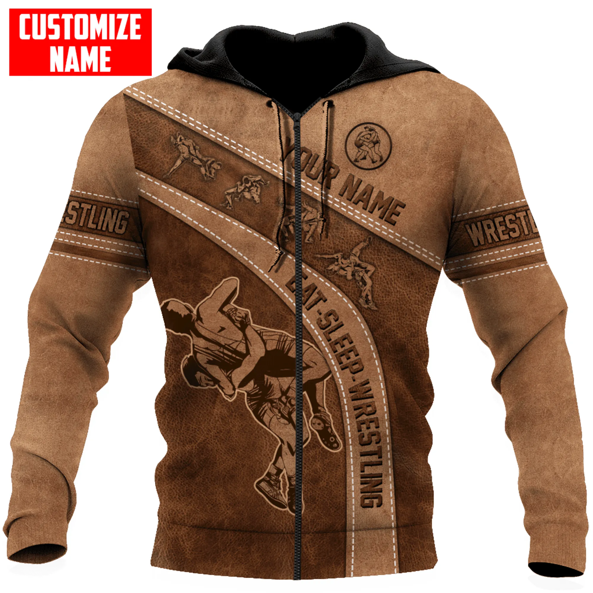 Personalized Name Eat Sleep Wrestling Shirts Leather 3D Sweatshirt Zip Hoodie Christmas Shirt