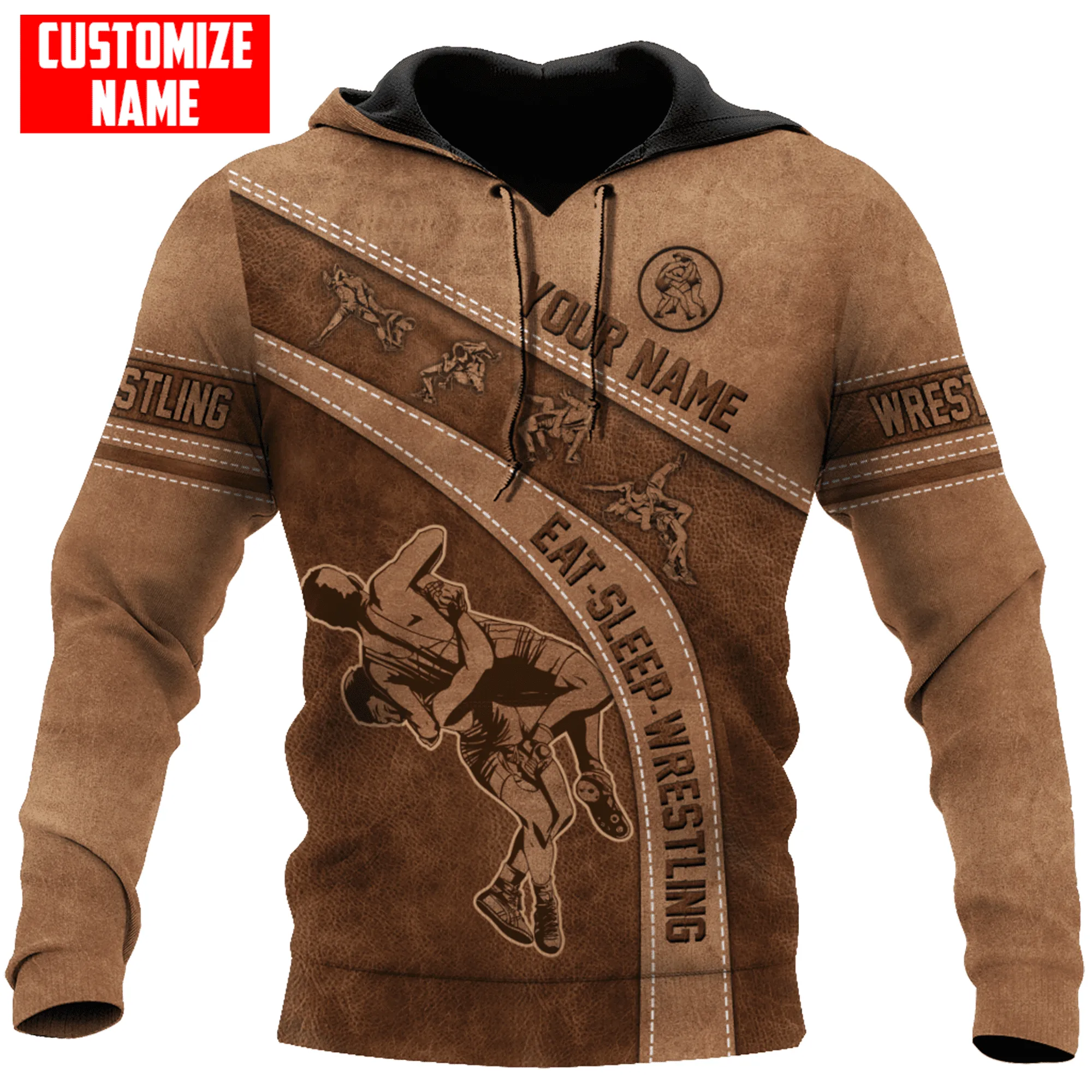 Personalized Name Eat Sleep Wrestling Shirts Leather 3D Sweatshirt Zip Hoodie Christmas Shirt