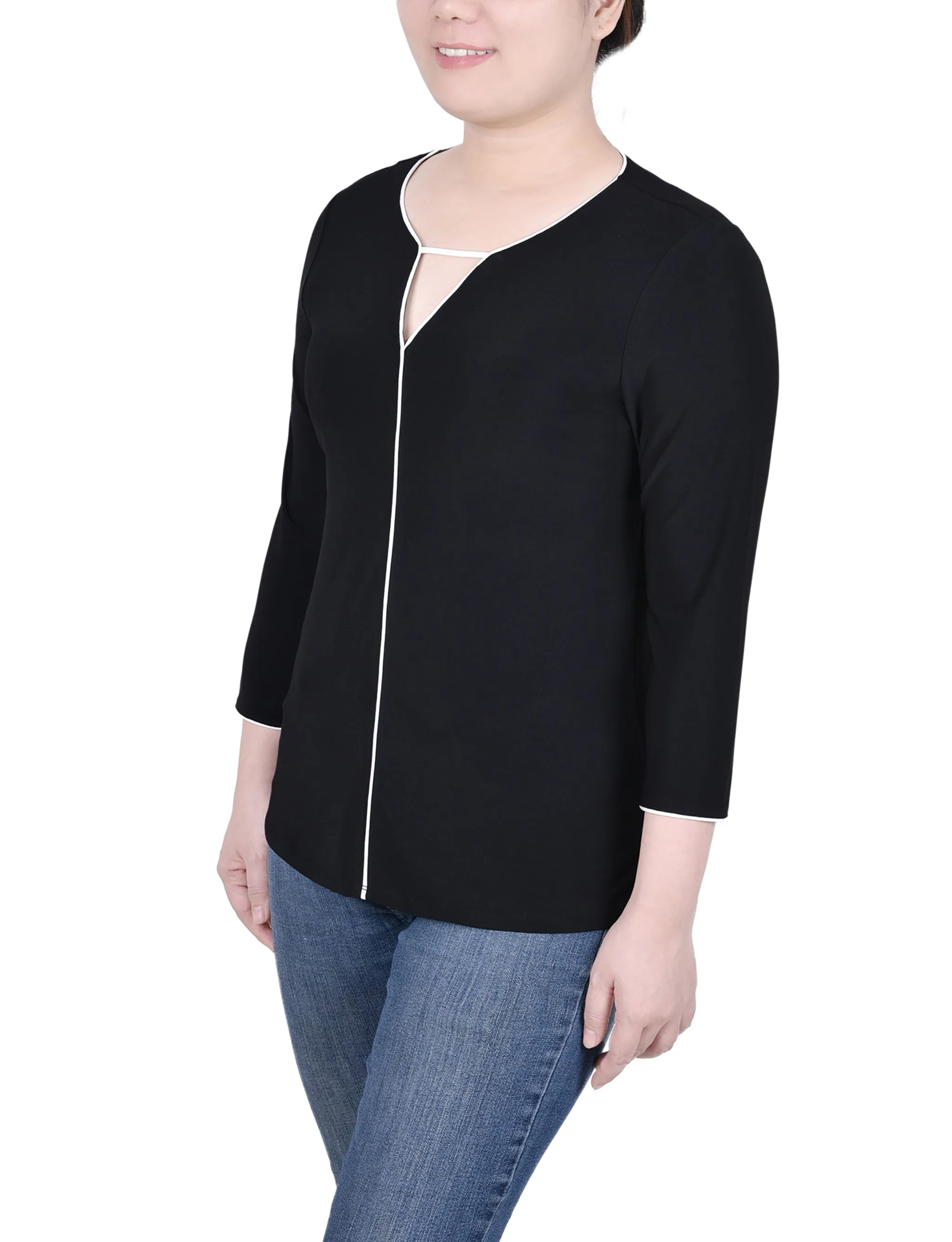 Petite 3/4 Sleeve Piped Top