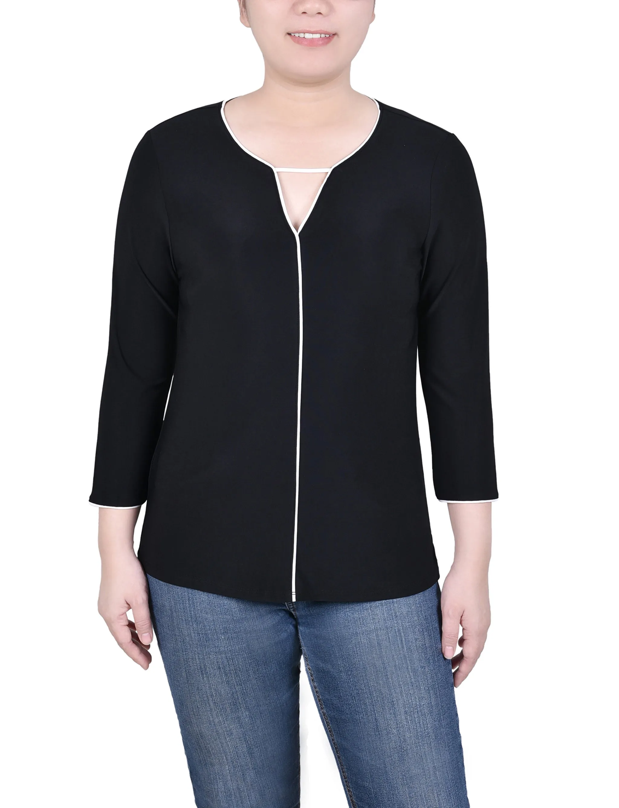 Petite 3/4 Sleeve Piped Top