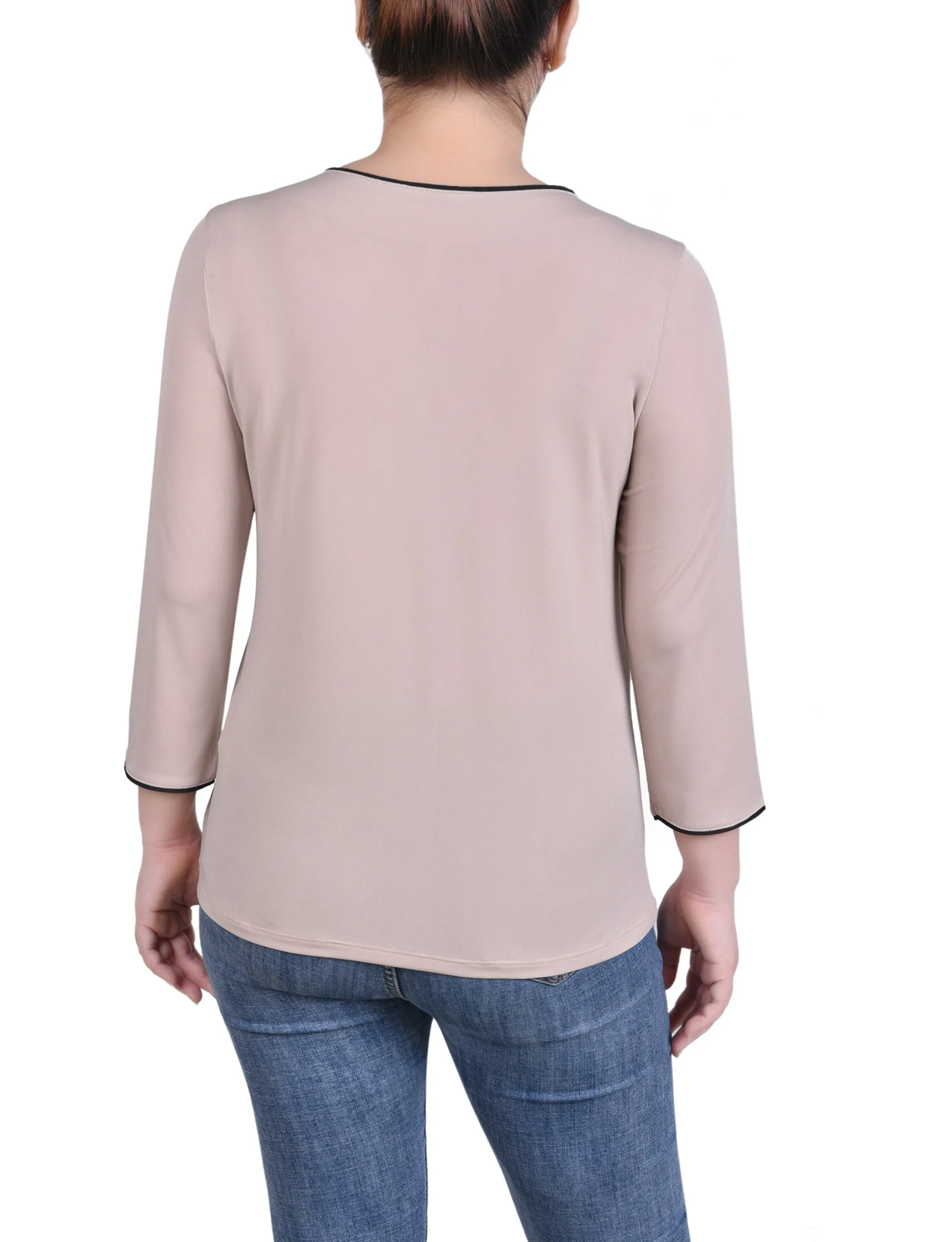Petite 3/4 Sleeve Piped Top