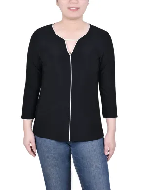 Petite 3/4 Sleeve Piped Top