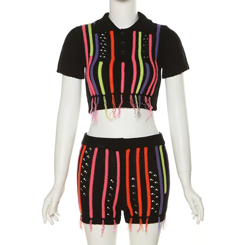 Pre Order:  Sweet Knitted Embroidered Tassel Cropped Top   Shorts Set