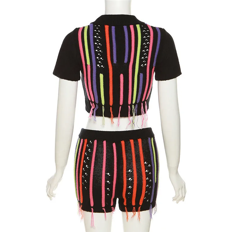 Pre Order:  Sweet Knitted Embroidered Tassel Cropped Top   Shorts Set