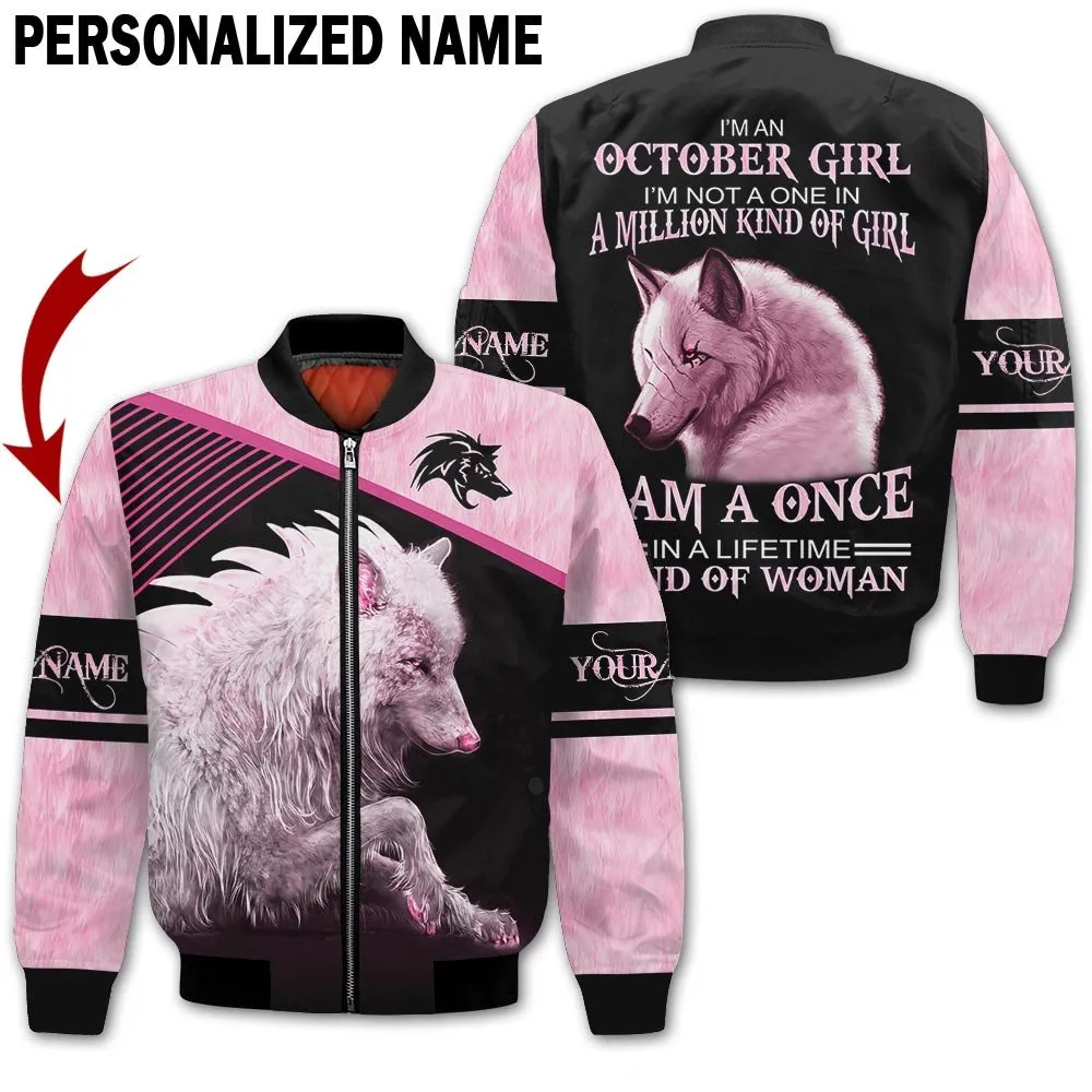 Presonalized Name Birthday Outfit October Girl 3D All Over Printed Wolf Pink Birthday Shirt