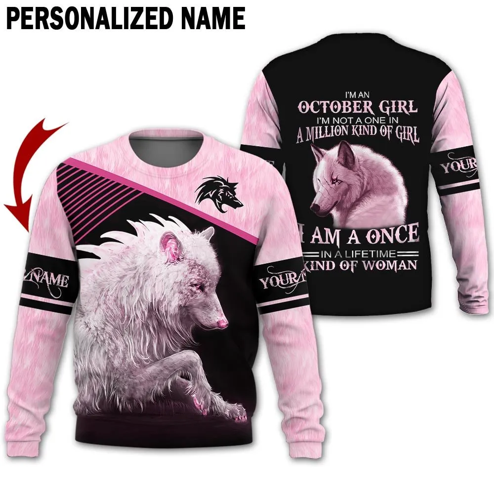 Presonalized Name Birthday Outfit October Girl 3D All Over Printed Wolf Pink Birthday Shirt
