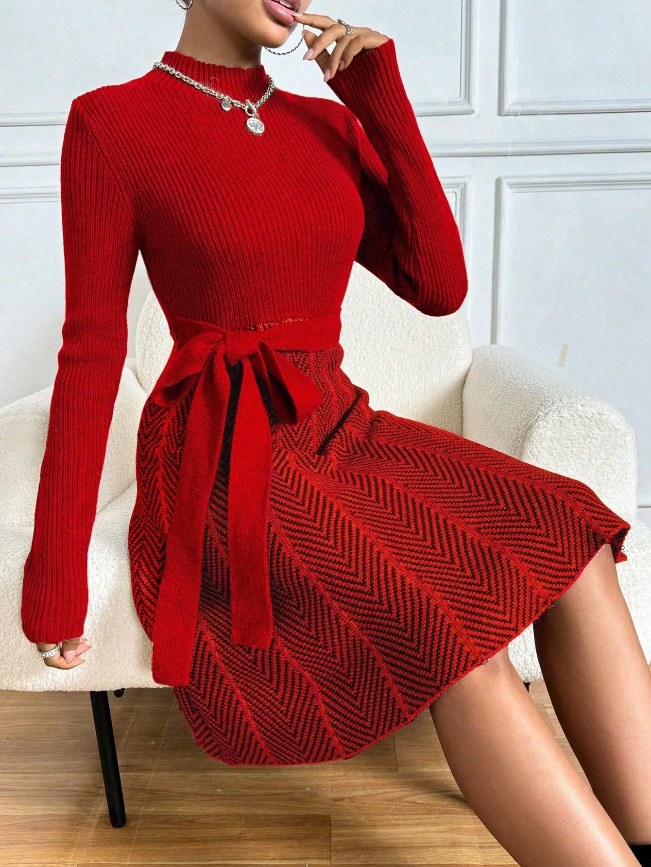 Privé Colorblock Herringbone Pattern Stand Collar Ribbed Knit Sweater Dress