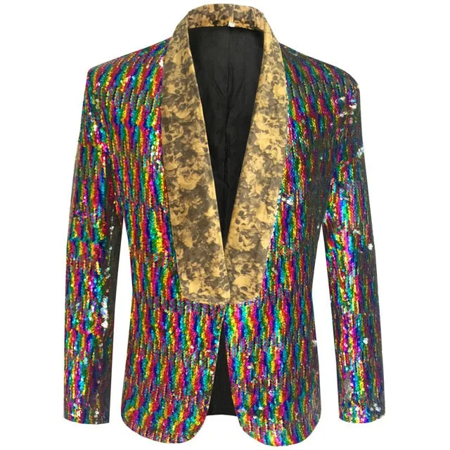 Rainbow Sequins Skull Lapel Stage Blazer