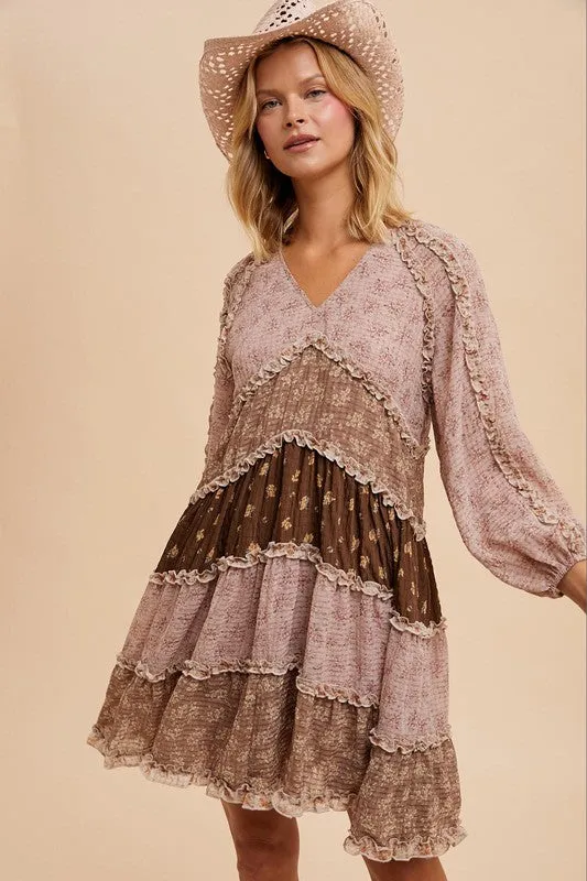 RUBY RUFFLED MIXED MEDIA MINI DRESS