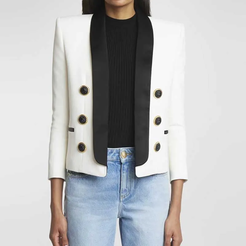 Satin Lapel Open Jacket 6-Button Black Collar Blazer