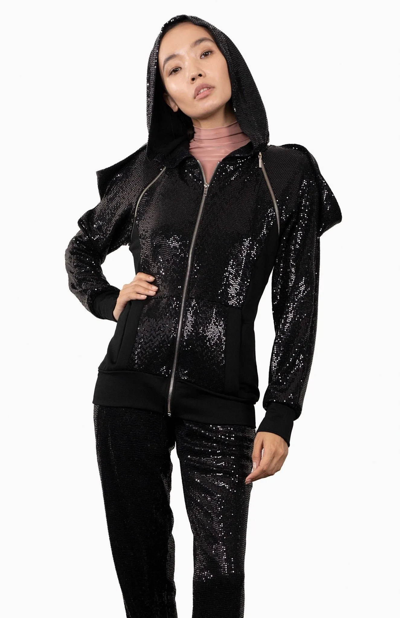 Saturn | Urban Chic: Draped Sequin Hoodie