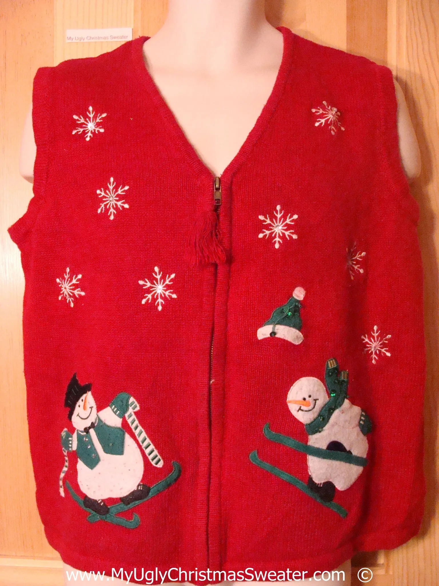 Skiing Snowmen Red Christmas Sweater Vest