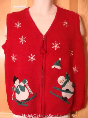 Skiing Snowmen Red Christmas Sweater Vest