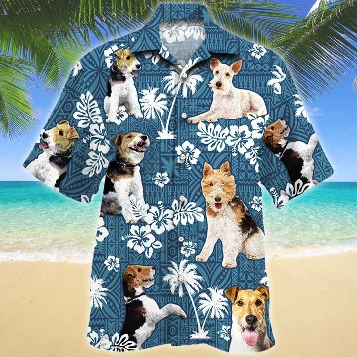 Smart Wire Fox Terrier Dog Blue Tribal Pattern Tropical Forest Hawaiian Shirt