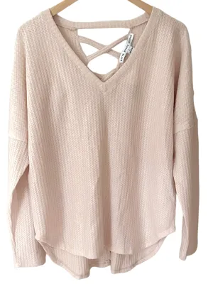 Soft Summer Peach Blush Lattice Back Waffle-Knit Sweatshirt