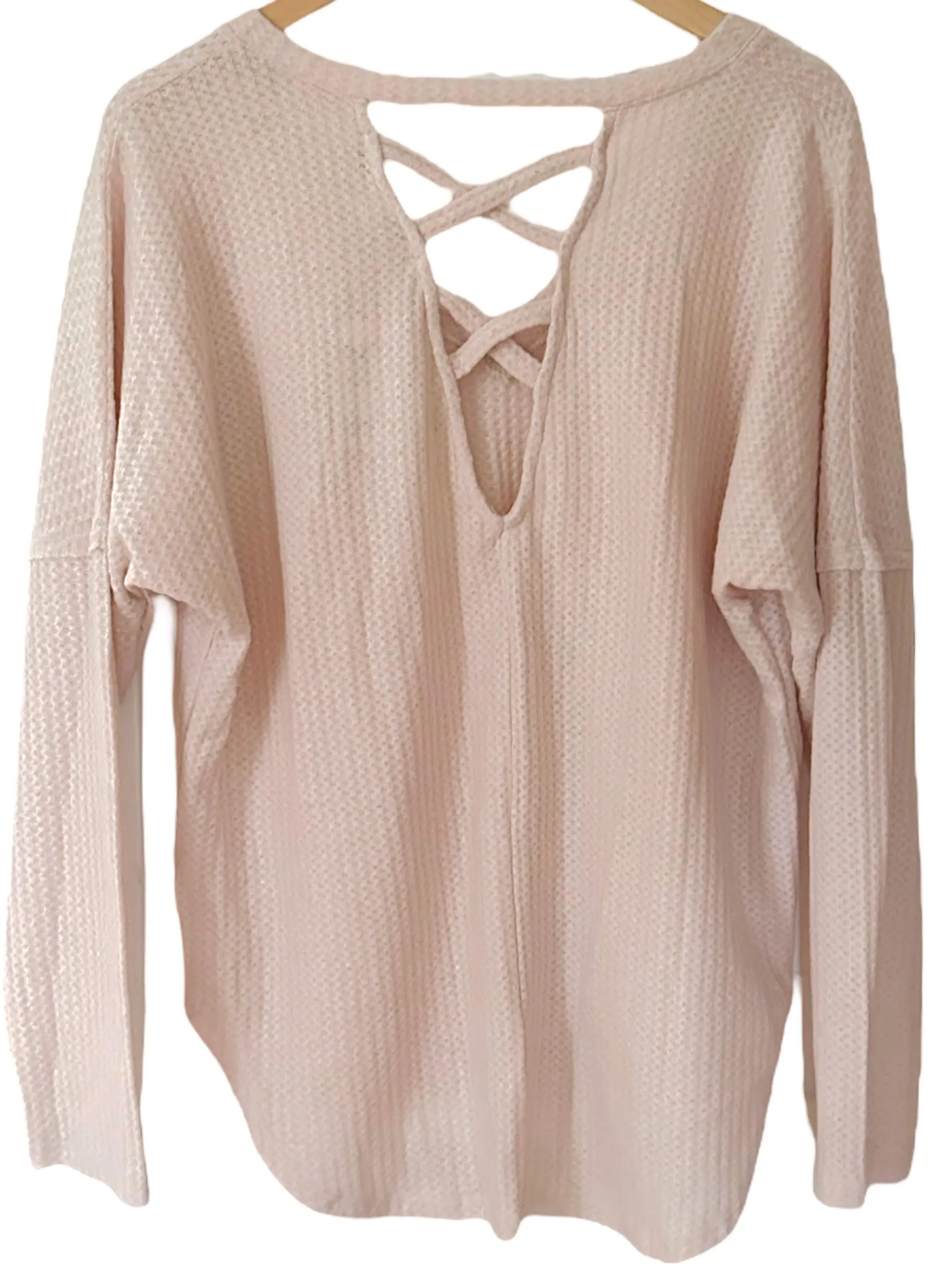 Soft Summer Peach Blush Lattice Back Waffle-Knit Sweatshirt
