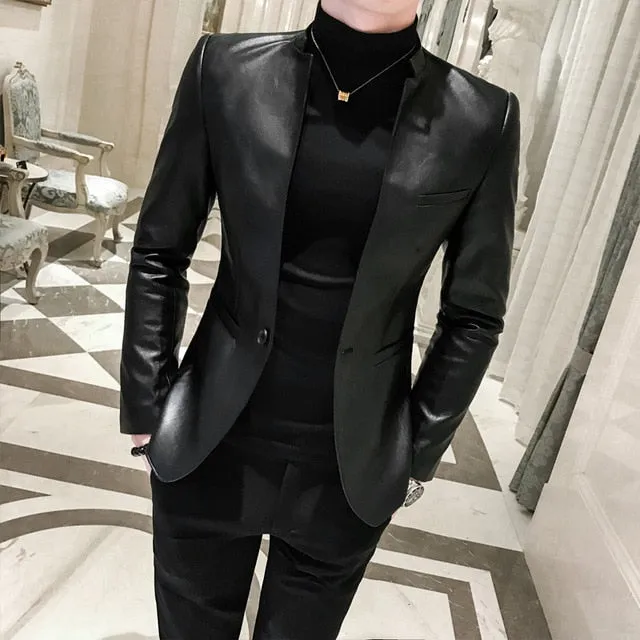 Solid Black Slim Fit Leather Blazer