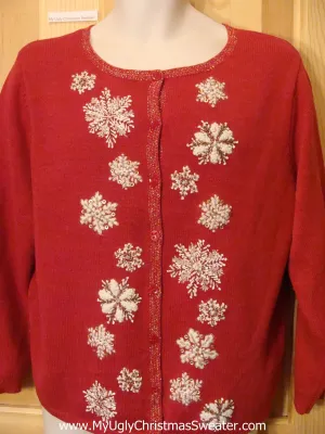 Tacky Cheap Christmas Sweater Red with Snowflakes