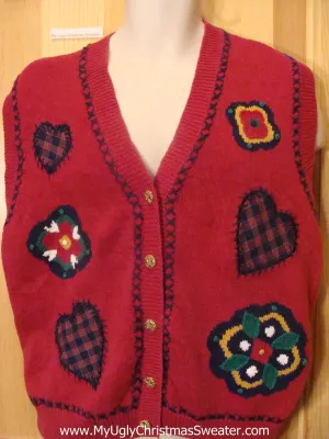 Tacky Cheap Red Christmas Sweater Vest with Plaid Hearts