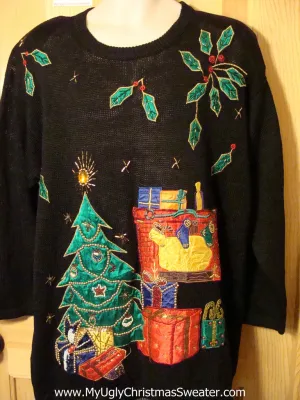 Tacky Cheap Ugly Christmas Sweater with a Colorful Tree and Gifts with 80s Style Padded Shoulders (f557)