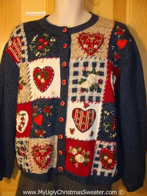 Tacky Christmas Sweater Party Ugly Sweater with Crafty Looking Plaid Hearts (f816)