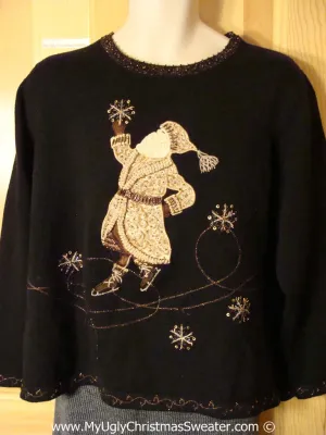Tacky Christmas Sweater Party Ugly Sweater with Festive Skating Santa and Snowflakes.  (f889)
