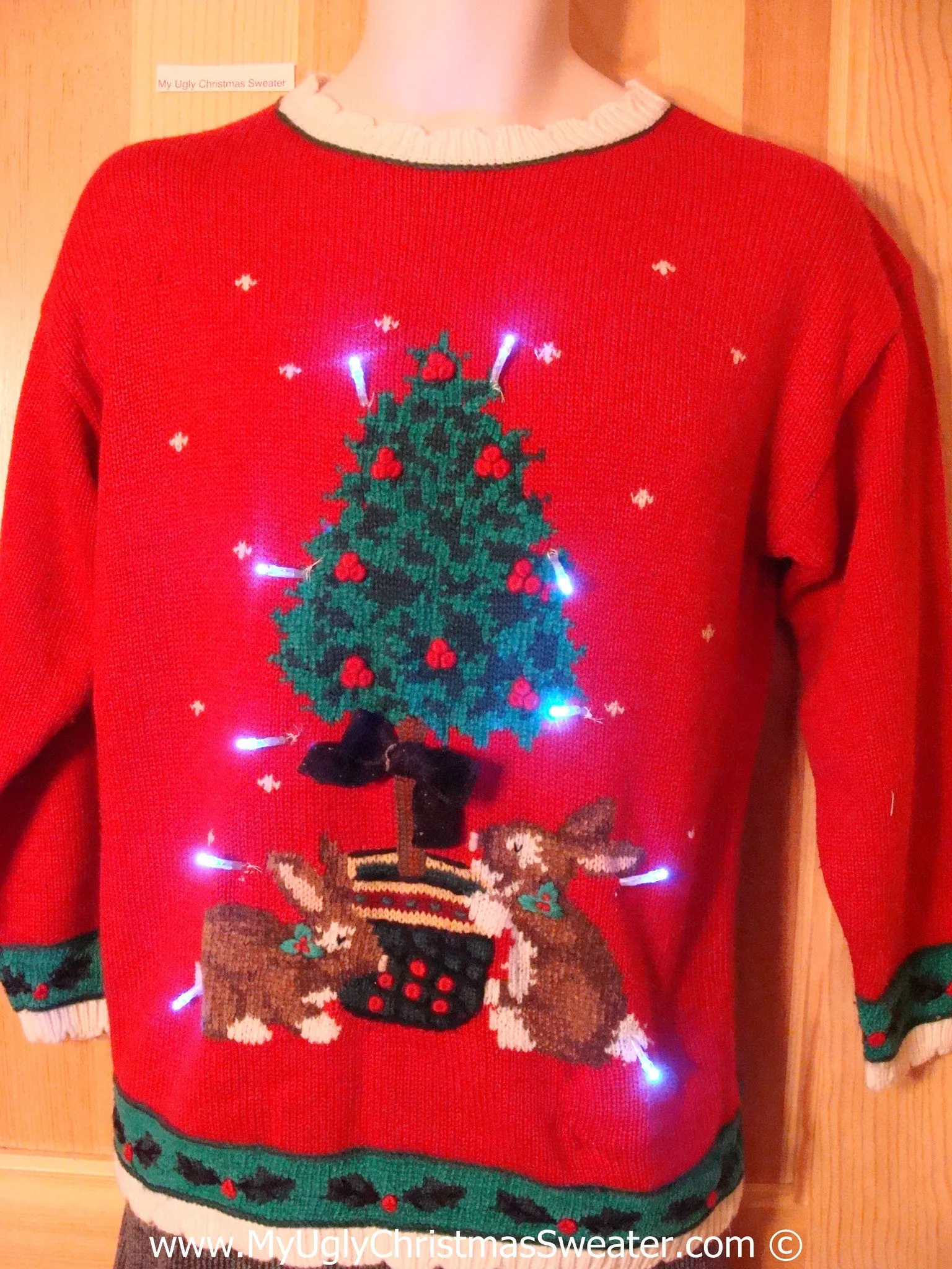 Tacky Red Xmas Sweater with Lights Rabbits and Tree (g138)