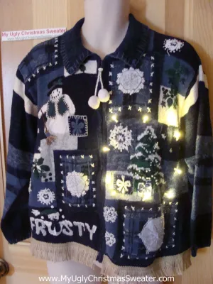 Tacky Ugly Christmas Sweater FROSTY with Lights and Fringe (g81)