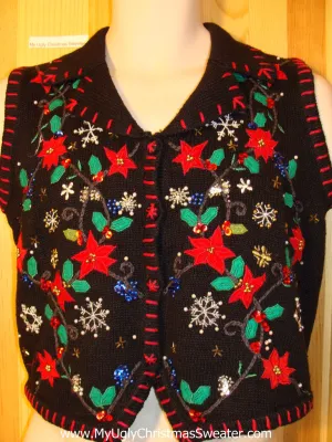 Tacky Ugly Christmas Sweater Vest with Colorful Festive Poinsettias and Ivy (f389)