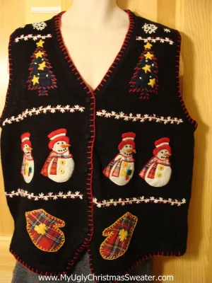 Tacky Ugly Christmas Sweater with Crafty Plaid Themed Mittens, Snowmen, and Trees (f719)