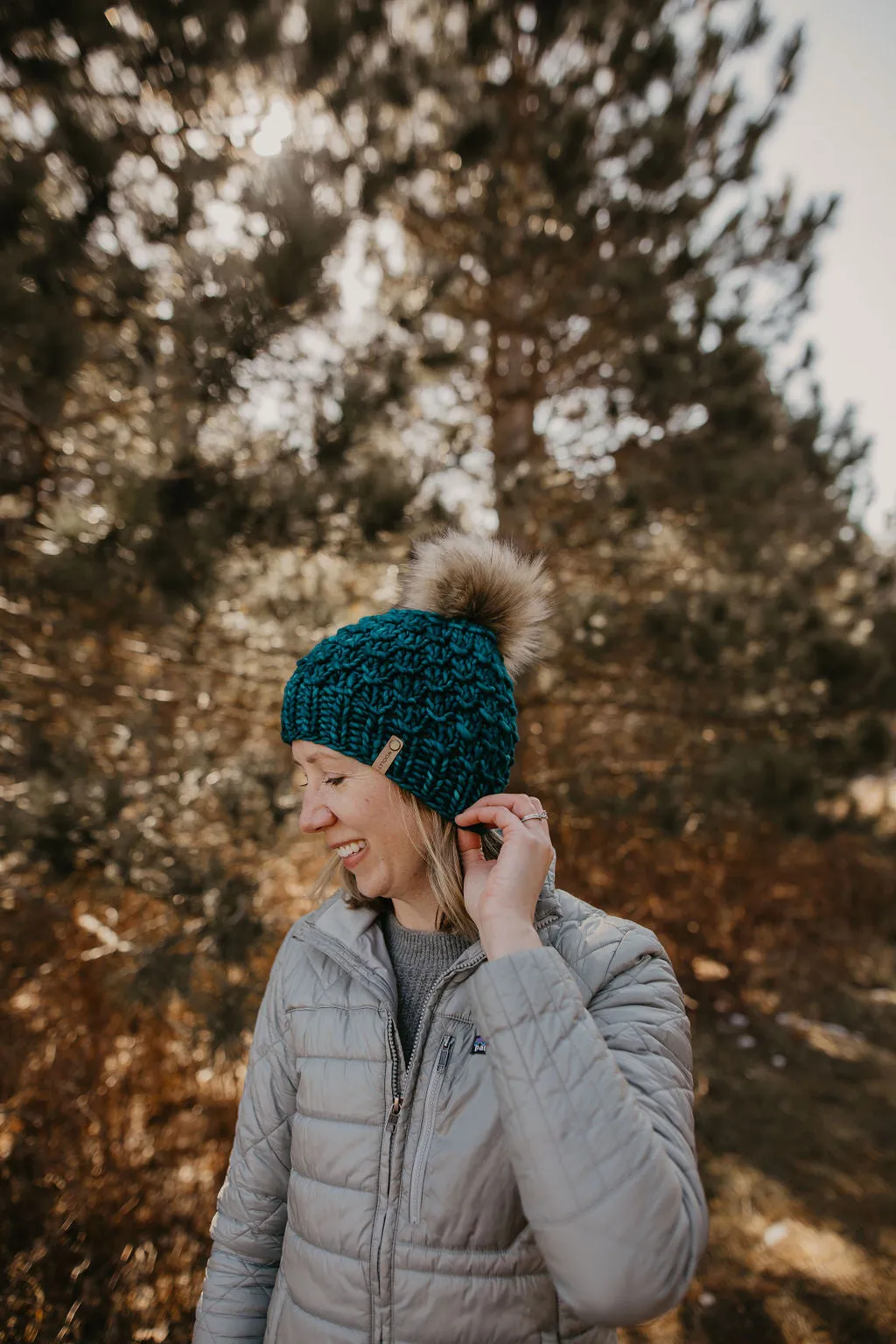 Teal Merino Wool Knit Hat with Faux Fur Pom Pom