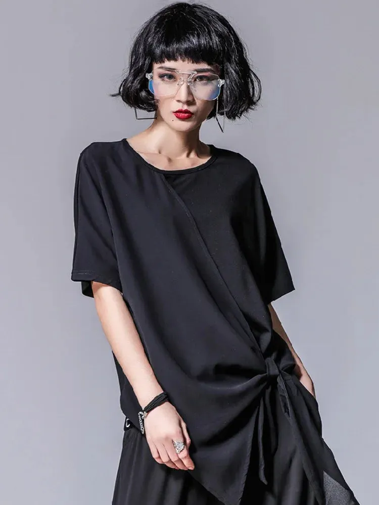 TEEK - Black Asymmetric Pleated Knit Shirt