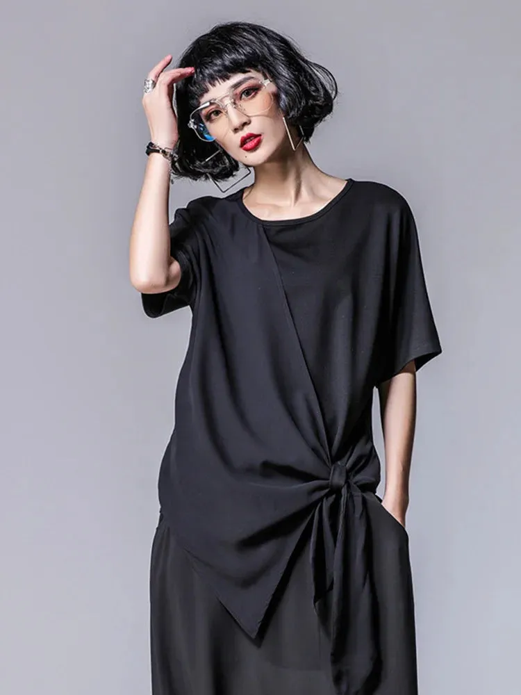 TEEK - Black Asymmetric Pleated Knit Shirt
